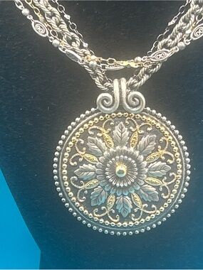 Vintage Signed Michal Golan Medallion Pendant 4 Strand Necklace Silver Goldtone